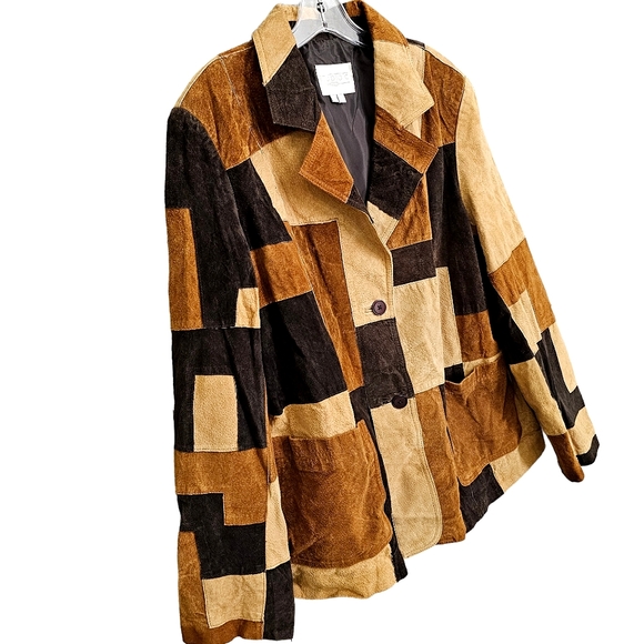 Studio C Retro Patchwork Leather Collared Longsleeve Button Front Jacket… - Picture 11 of 17